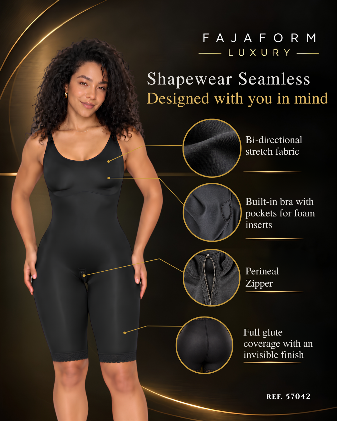 Seamless Medium-Compression Knee-Length Bodysuit with Adjustable Straps | Ref. 57042
